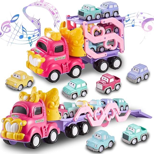 Sciencow Toddler Car Toys for 3 4 5 Year Old Girl | 7-in-1 Pink Princess Foldable Transport Carrier Trucks for Baby | Lights & Music | 3 Layer Transformable Carriage Set | (Bowknot)