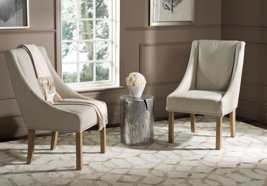 Safavieh Morris Sloping Arm Dining Chair (SET Of 2)-Silver Nail Heads Biege and Weathered Oak - Clearance