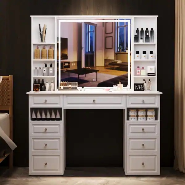 Modern Vanity Set with Lighted Mirror,Extra Large Mirror Makeup Vanity Table with 9 Drawers,European Style Vanity