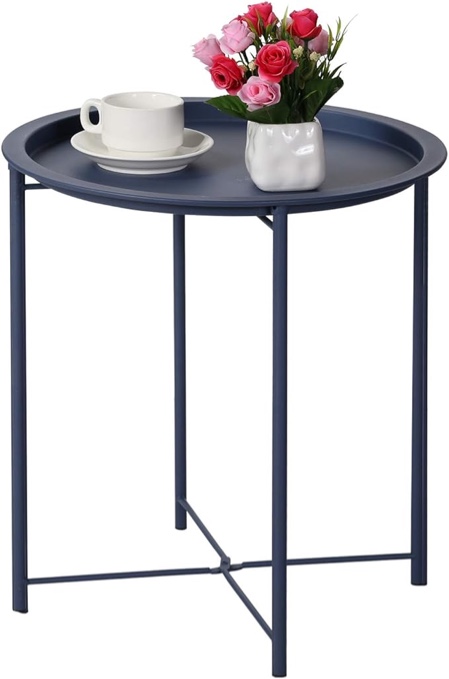 Garden 4 you Folding Tray Metal Side Table Blue Round End Table Cyan Sofa Small Accent Fold-able Table, Round End Table Tray, Next to Sofa Table, Snack Table for Living Room and Bed Room Dark Blue 1 PC