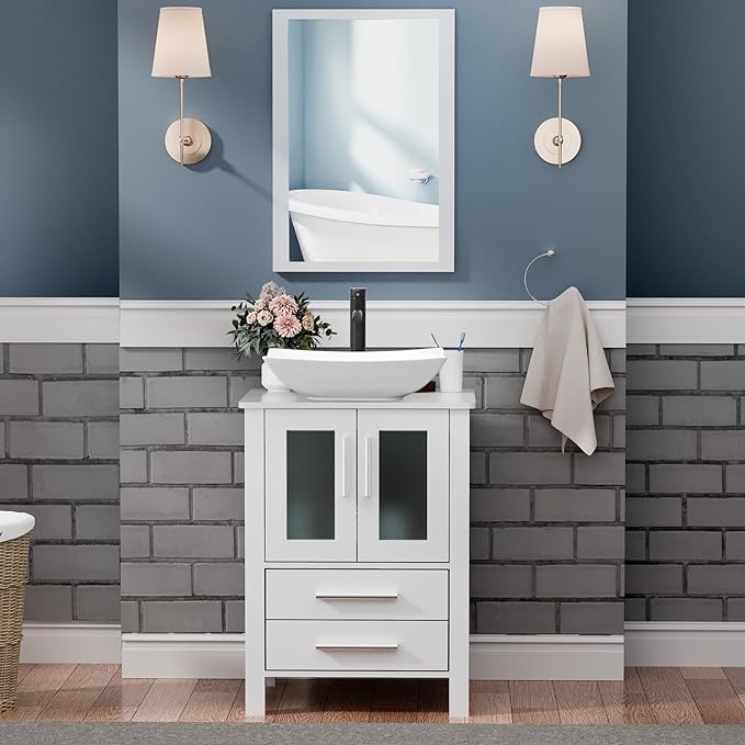 Tap and Hold to Zoom 24 in. W x 20 in. D x 32 in. H Single Sink Bath Vanity in Gray with Clear Vessel Sink Top Chrome Faucet and Mirror THKFBV102