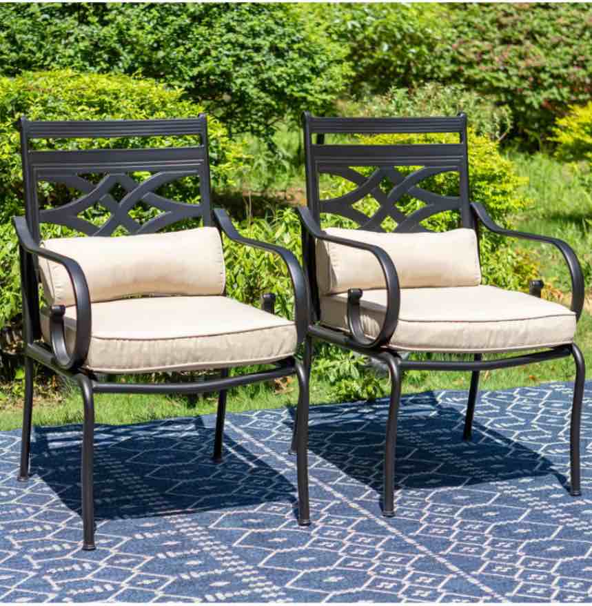 Black Stationary Arm Metal Outdoor Dining Chair with Beige Cushions (2-Pack) PV-405
