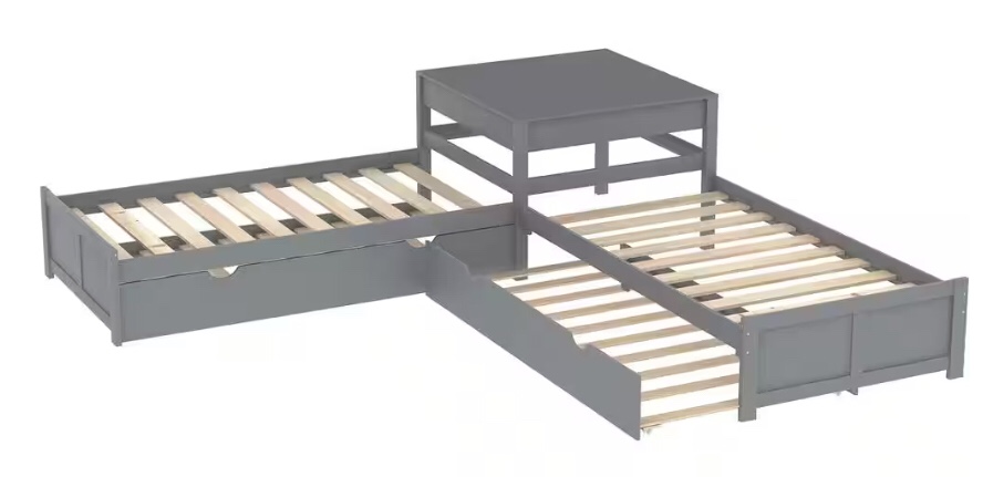 117.3 in.Twin Size L-shaped Platform Bed with 2-Trundles and Built-in Square Table - Gray ONLY BOX 1 OF 3