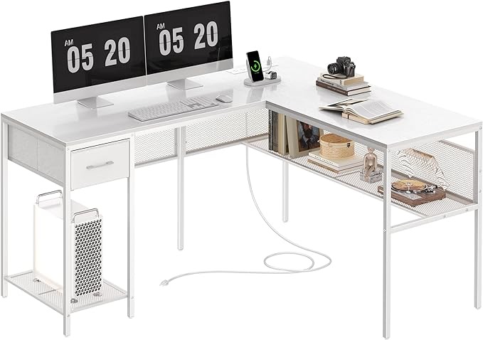 SUPERJARE L Shaped Desk with Power Outlets, Computer Desk with Drawer, Reversible Corner Desk with Grid Storage Bookshelf, Home Office Desk, White
