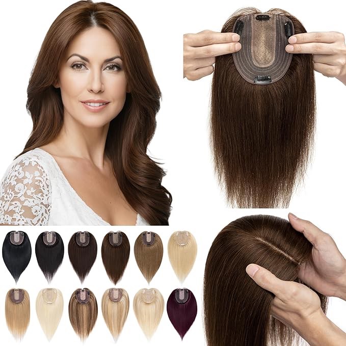 SEGO Hair Toppers for Women Real Human Hair No Bangs 130% Density 10 * 12CM Silk Base 100% Remy Human Hair Clip in Top Wiglet Hair Pieces for Thinning Hair-6 Inch Medium Brown
