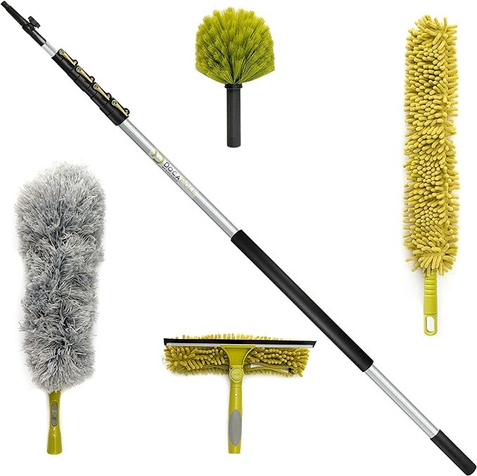 DOCAZOO DocaPole 30 ft Reach Cleaning Kit with 6-24 Foot Telescoping Extension Pole, 3 Dusting Attachments 1 Window Squeegee & Washer, Cobweb Duster, Microfiber Feather Duster