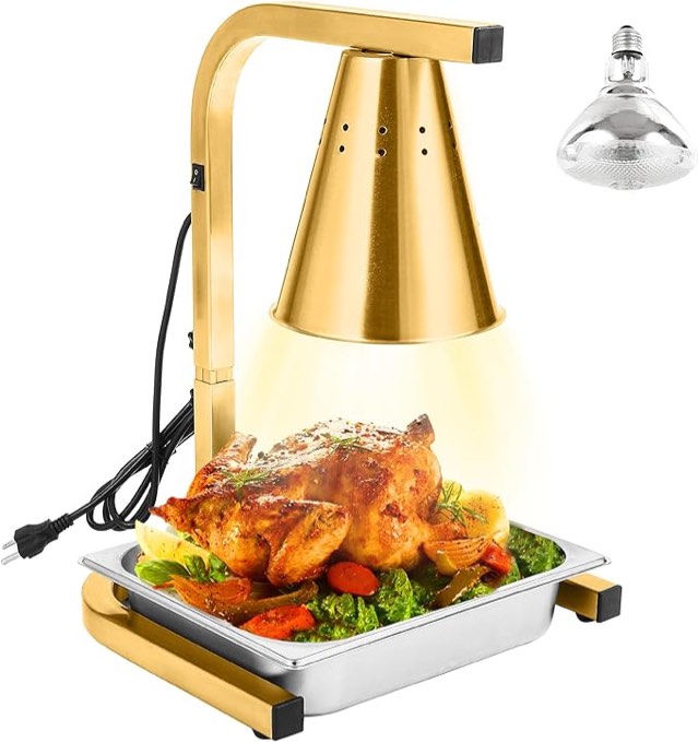 HORESTKIT Food Heat Lamp Food Warmer, Commercial Grade, Adjustable Stand with One 250-watt Bulb, Free-Standing, Non-Slip feet, 1 Square Pan, Gold