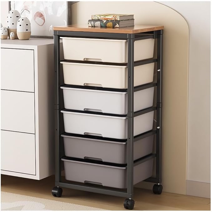 TOOLF Rolling Storage Cart with 6 Drawers, Wooden Tabletop, Easy Movement, Large Capacity, Durable Construction & Colorful Style in Black Bar