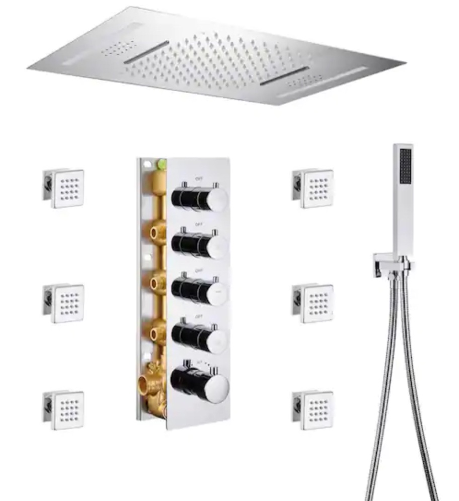 4-Spray Patterns Luxury 23 in. Ceiling Mount Rainfall Dual Shower Heads with 6-Jet LED and Music in Chrome