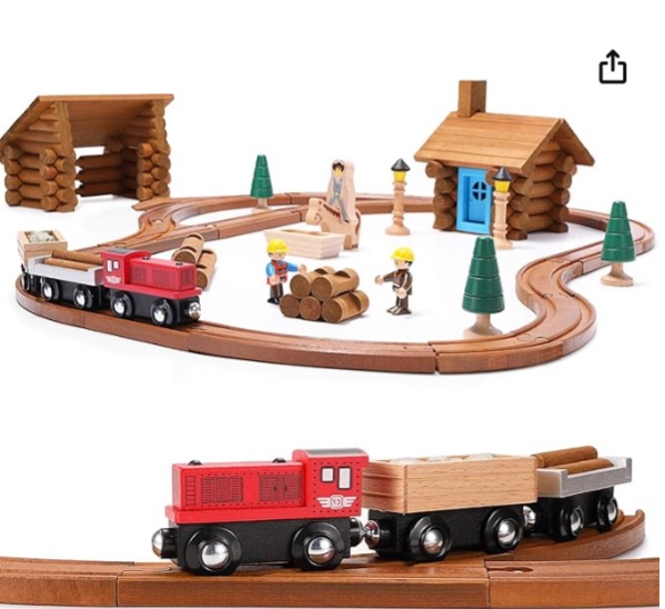 SainSmart Jr. 100 PCS Wooden Train Set with Log Cabin, Toddler Buildable Train Track - Real Wood Building Blocks Construction Toy for 3,4,5 Year Old Boys and Girls - Lumber Mill