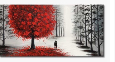 Hand Painted Oil Painting Black and White Landscape Canvas Wall Art with Red Tree for Living Room