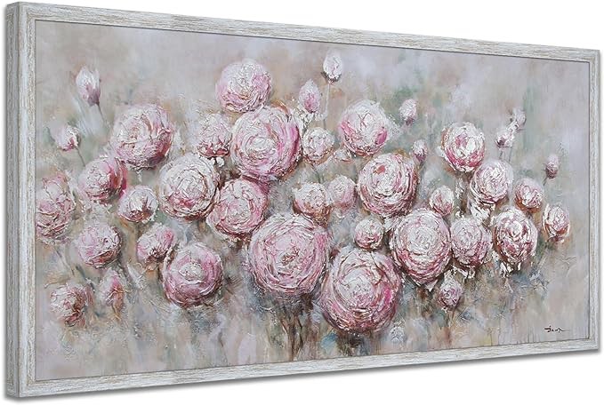 Anolyfi Pink Flowers Canvas Wall Art Rose Painting Abstract Bloosom Silver Textures Picture Stretched Framed Artwork for Bathroom Bedroom Dinning Room Living Room Office Home Large Decor 40"x20"