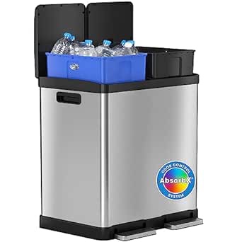 Home Zone Living 16 Gallon Dual Trash Can for Recycling and Trash with CleanAura Odor Control, 60 Liter Total Capacity, Silver