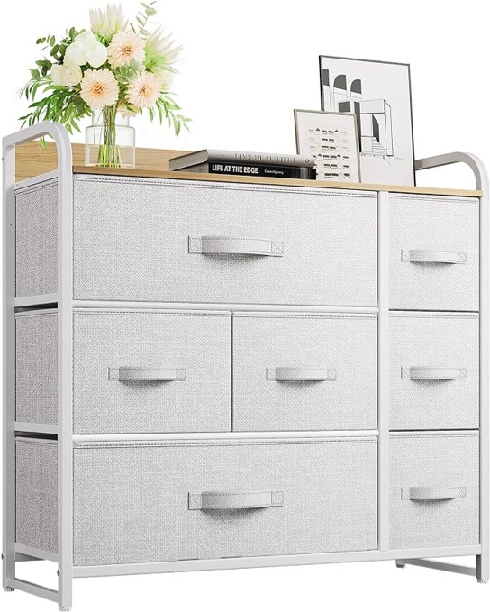 YITAHOME 7 Drawers Dresser- Fabric Storage Tower, Organizer Unit for Bedroom, Living Room, Hallway, Closets& Nursery- Sturdy Steel Frame, Wooden Top& Easy Pull Fabric Bins White 