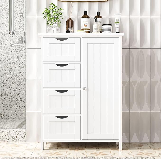 Irontar Bathroom Floor Cabinet, Freestanding Storage Cabinet with 4 Drawers and Adjustable Shelf for Entryway Storage, Home Office Furniture, White CWG005W