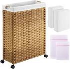 Greenstell Laundry Hamper with Wheels, 22” Slim Laundry Basket with 2 Removable Liner Bags & 2 Mesh Bags, Narrow Dirty Clothes Basket, Handwoven Synthetic Rattan Organizer in Bathroom, Bedroom, Natural