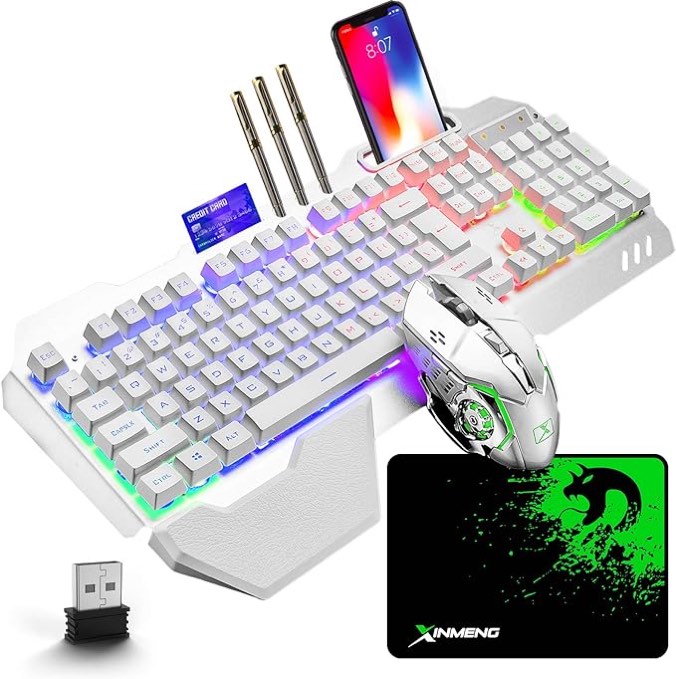 Wireless Gaming Keyboard and Mouse with Removable Palm Rest Rainbow LED 16RGB Backlit Rechargeable 4800mAh Battery Metal Panel Mechanical Ergonomic Waterproof Dustproof for Laptop PC Gamer(