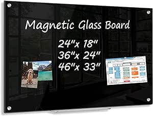 Black Dry Erase Board, 24" x 18" Magnetic Large Black Glass Board Frameless Wall Mounted Black Glass Whiteboard for Office, 