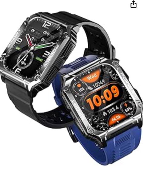 OFUSHO Military Smart Watch for Men, IP68 Waterproof Tactical Sports Watch, Outdoor Rugged Smart Watches for Men with Fitness Tracker Heart Rate Compatible with Android iOS (Includes 2 Watch Bands)