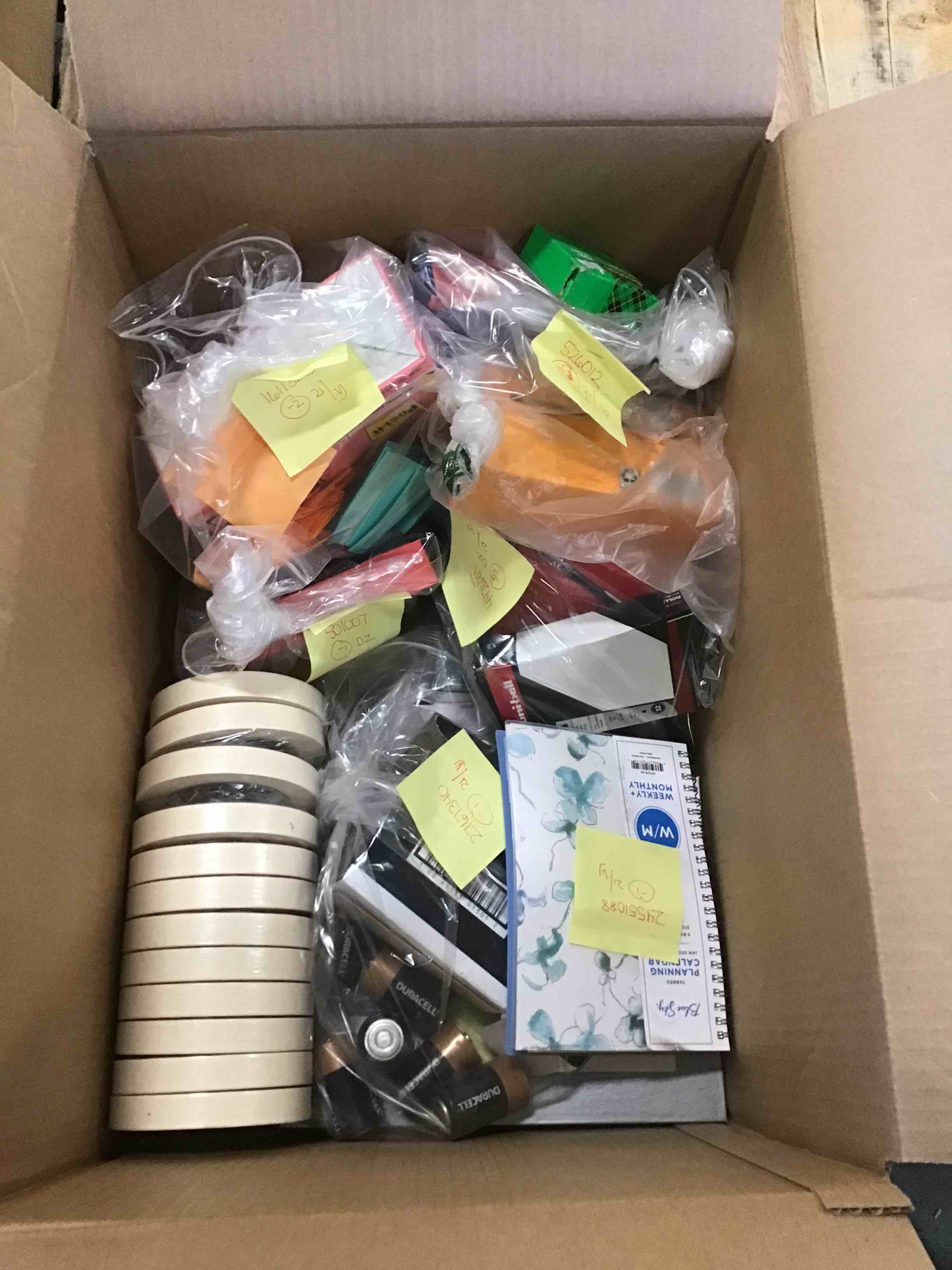 Assorted Box of Staples Office Supplies including/ Sharpie /Bic /Duracell/ Tape and more 