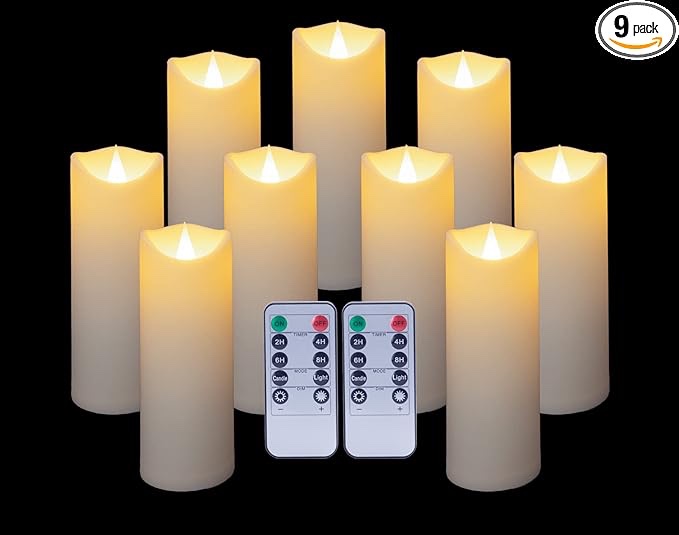Enido 9 Pc Flickering Flameless Candles with Remote Timer for Romantic Ambiance and Home Decoration Battery Operated Candles LED Candles Pillar Candles with 3D Flame, Battery Candles