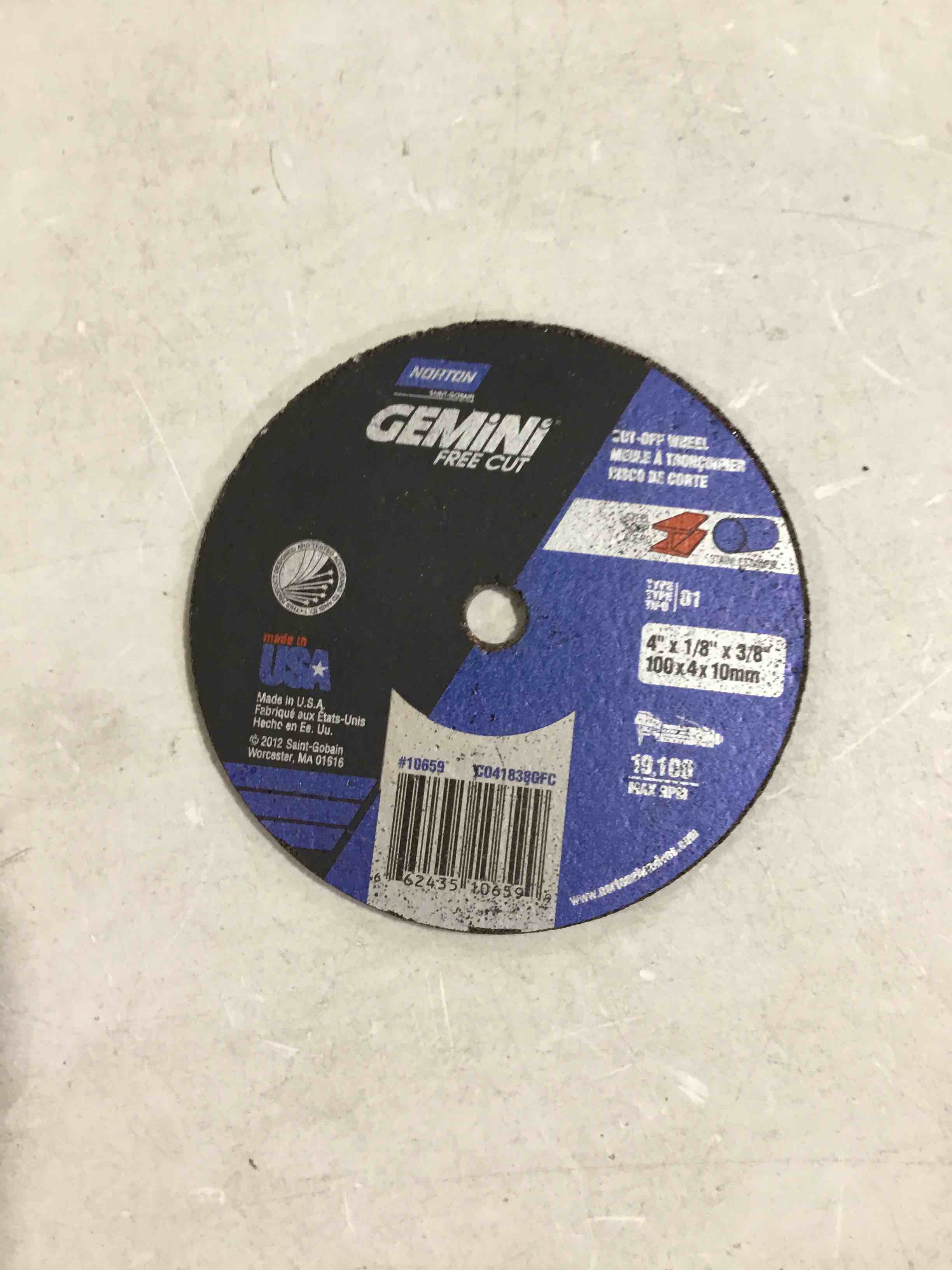 Norton Gemini Fast Cut Small Diameter Reinforced Abrasive Flat Cut-off Wheel, Type 01, Aluminum Oxide, 3/8" Arbor, 4" Diameter x 1/8" Thickness (Pack of 5)