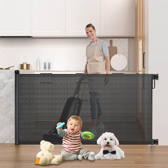 Retractable Baby Gate, HAMOPY 72 Inch Extra Wide Stair Gates for Kids or Pets with Alarm, Durable Mesh Baby Safe Gate Outdoor Pet Gate for Stairs, Doorways, Hallways, Indoor & Outdoor (33"x72")