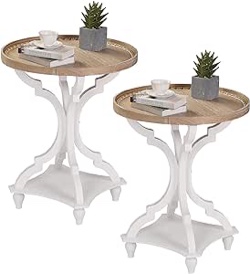 Wnutrees Farmhouse Round Accent End Table, Rustic Side Table Nightstands for Living Room Bedroom, Wood Tray Top, Handcrafted Finish, Set of 2, beige