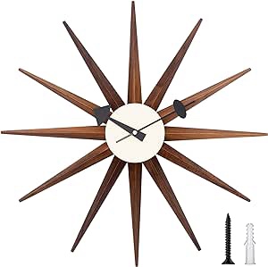 Aurtem Mid Century Wall Clock - Wooden Starburst Clock Replica George Nelson Sunburst Clock for Decorative Office Wall Living Room (Walnut 19")