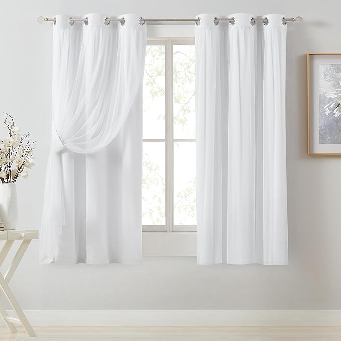 Bujasso Grey Blackout Curtains with Sheer Overlay Mix and Match Double Layer Window Curtains Thermal Insulated 63 inch for Living Room Bedroom Gray Drapes with Tiebacks Grommet Top 37" Wx63 Lx2