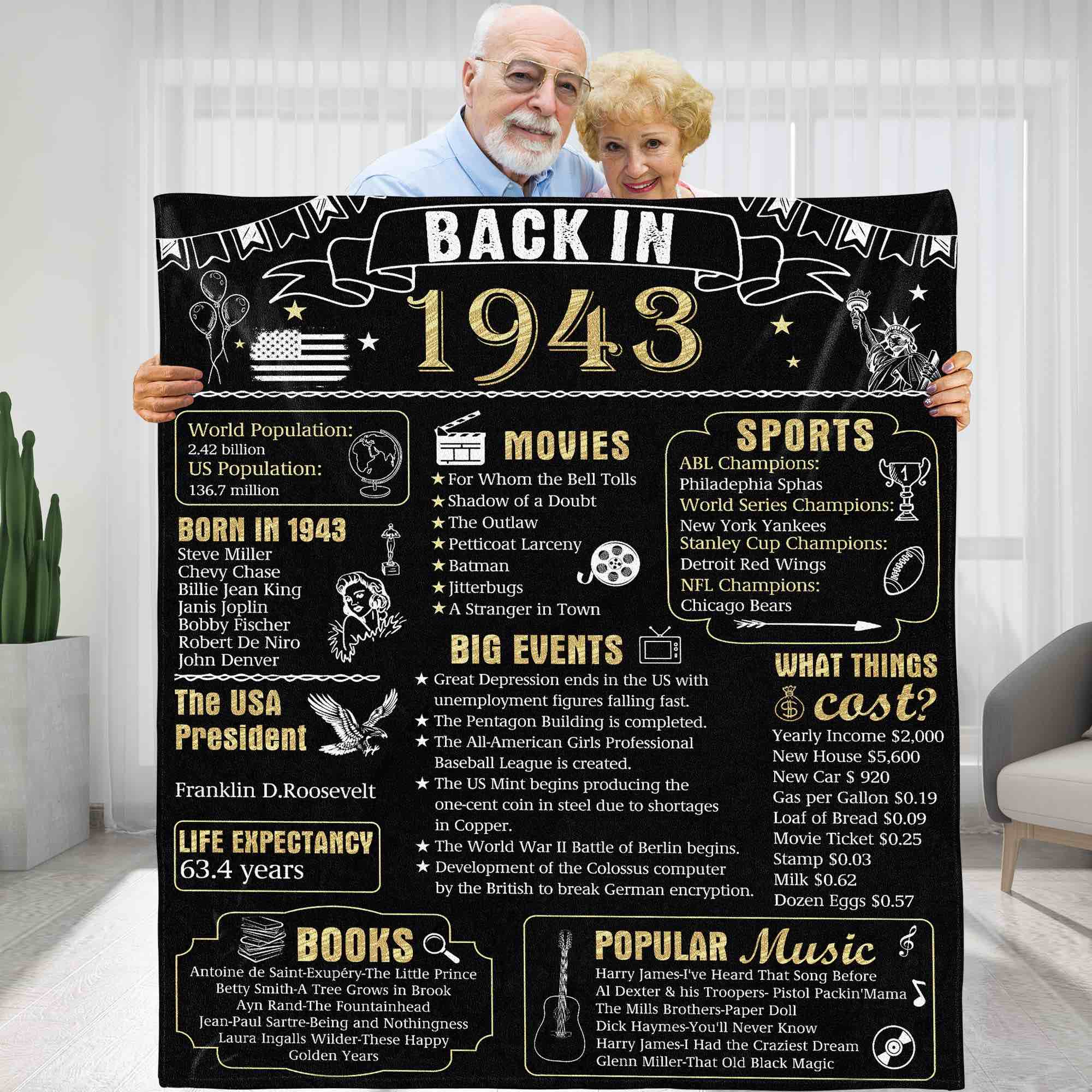 BLAMEZI Happy 80th Birthday Gifts for Women Men,80th Birthday Gift Ideas for Wife Husband Mom and Dad, Parents Wedding Anniversary Blanket, Back in 1943 80“X60" Back in 1943