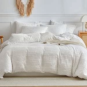 WARMDERN White Boho Duvet Cover Set Queen Size, Striped Textured Duvet Cover Tufted Bedding Set, 3 Pcs Ultra Soft Washed Microfiber Duvet Cover with Zipper Closure (Queen, White)