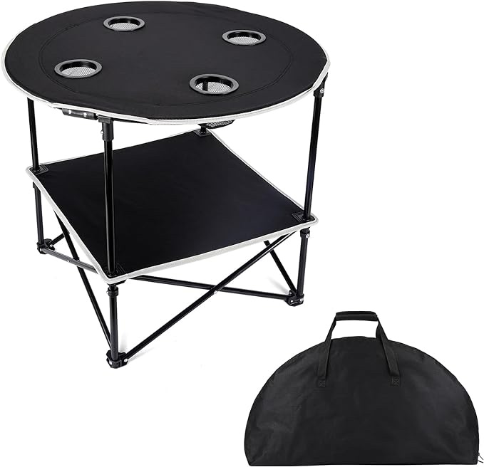 Moosinily Camping Table Beach Table 4 Cup Holders with Steel Frame Lightweight 600D Oxford Folding Picnic Table with Carrying Bag Fishing Table for Outdoor Indoor Beach Grill Travel BBQ Barbucue White