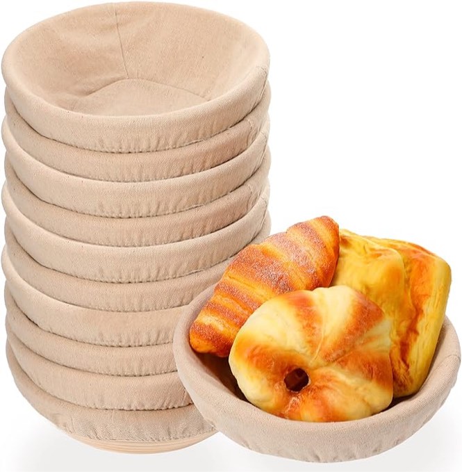 Patelai 10 Pieces 8.5 Inch Banneton Bread Proofing Basket Round Sourdough Proofing Basket Banneton Basket Dough Proofing Bowl with Liners and Scrapers for Home Making Bread Bakers Baking