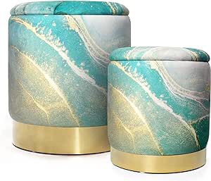 INSPI DECOR Storage Ottoman - Velvet Ottoman with Storage for Living Room, Turquoise and Gold Storage Ottoman for Bedroom, Gold Ottoman with Storage, Set of 2