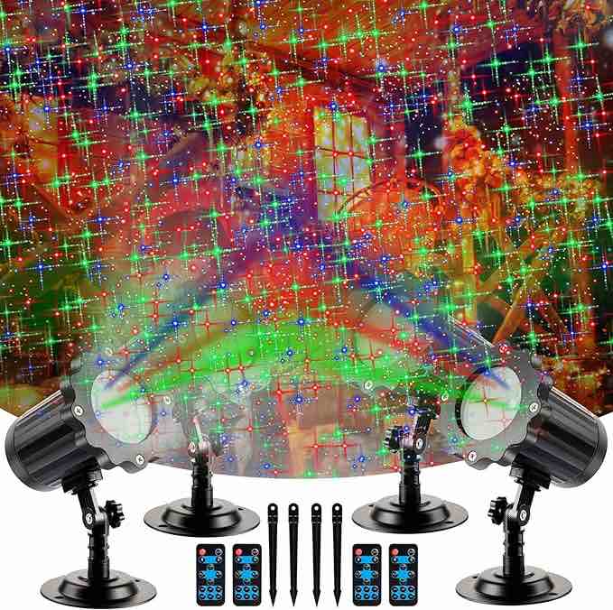 Treela 4 Pack Christmas Projector Laser Lights Outdoor Decorations, Christmas Star Light Show Waterproof Holiday Projector Led Spotlights with Wireless Remote for Xmas Decor (Retro Cross Star)
