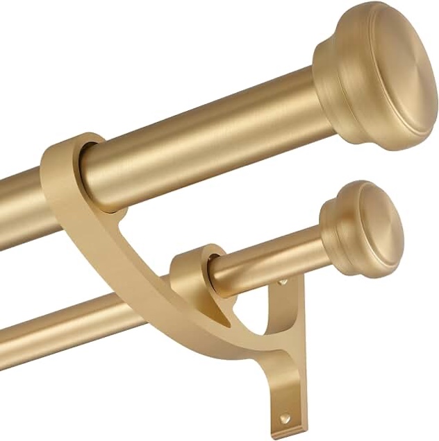 Modern Double Curtain Rods, Warm Gold Curtain Rod 72-144 Inch Length Drapery Rods with Simple Decorative End Caps 1 Inch Front and 5/8 Inch Diameter Back Dual Curtain Rod Telescoping Window Rods