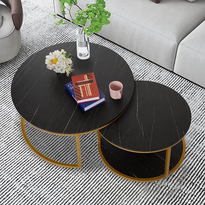 NSdirect Nesting Coffee Table Set of 2,Round Coffee Tables Modern Circle Table for Living Room Accent End Side Table with Storage Open Shelf Faux Marble Wood Top & Gold Sturdy Metal Frame(Black&Black)
