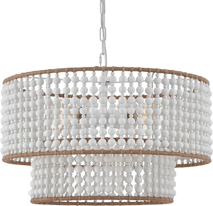 VANZARLA Dia 22 Inch Boho Wood Bead Chandelier Farmhouse, Bohemia Dining Room Light Fixture Over Table, White Bead Pendant Chandelier for Bedroom Kitchen Hallway Entryway Nursery Living Room Foyer pendant light