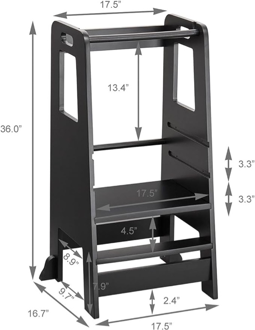 Kid's Wooden Kitchen Step Stool, Adjustable Platform Standing Tower, with Safety Guardrail Child Studying Tower, Toddler Stool for Bathroom, Cooking Helper?Black?