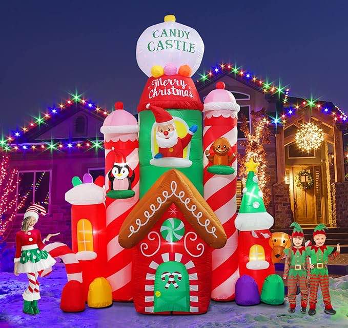 inslife 10Ft Christmas Inflatables Candy Castle, Blow Up with LED Lights for Indoor Outdoor Christmas Decorations Yard Garden Decor