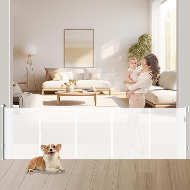 Enhanced 42” Extra Tall & 80” Wide Retractable Baby Gates with Rods to Prevent Crawling Through, Extra Tall Dog Gate for Large Openings Indoor Outdoor Long Mesh Pet Gate for Stairs and Doorways, White SIMILAR TO PHOTO. INCOMPLETE