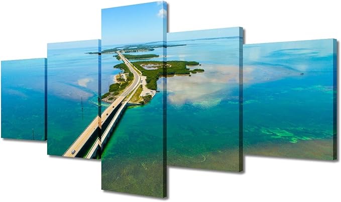 5 Pieces Modern Home Decoration Florida Keys Wall Art, 7 Mile Bridge Picture Natural Scenery Painting Print on Canvas Colorful Ocean Modern Artwork Stretched Wood Frame Ready to Hang - 50"Wx24"H