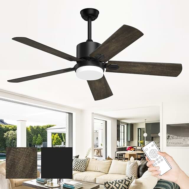 Obabala Ceiling Fan with LED Light, 52-Inch Indoor/Outdoor Ceiling Fan with Remote,Reversible DC Motor for farmhouse Patios Bedroom Garage??îHickory + Anlilo Black