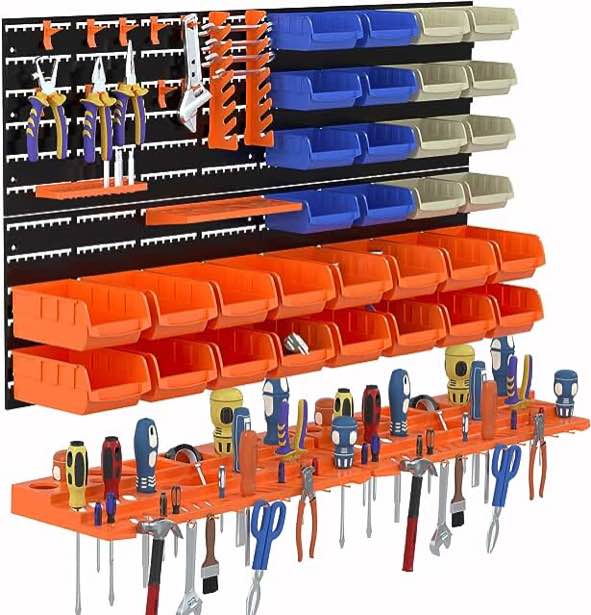 52PCS Wall Mounted Storage Bins Garage Storage Drawers with 4PCS Wall Mounting Peg Boards Workshop Parts Rack Container Tool Organizer Easy Access Compartments for Hardware Crafts Office Supplies