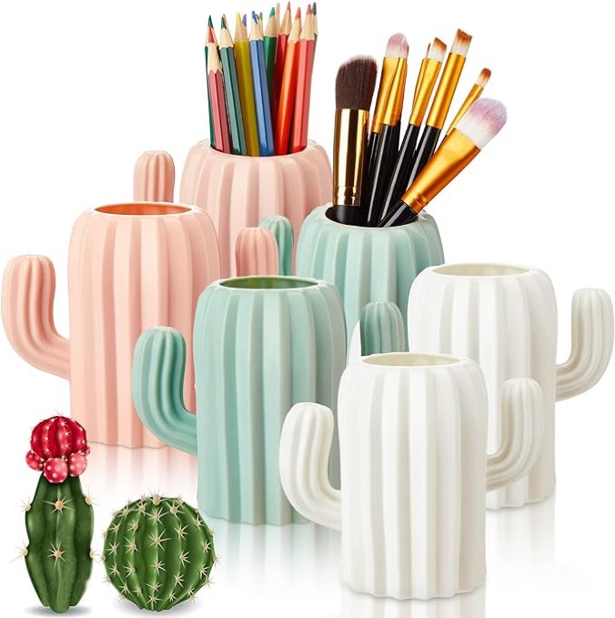 6 Pieces Cactus Pen Cup Cactus Pen Holder Boho Desk Accessories Cactus Desk Organizer Pencil Container Cosmetic Makeup Brush Holder for Student Multifunction Storage Office Home (Blue, Pink, White)