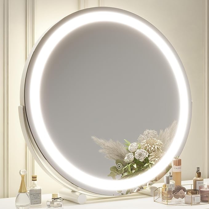 ROLOVE Vanity Makeup Mirror with Lights, 18 Inch LED Makeup Mirror, Lighted Vanity Mirror with Lights, Smart Touch Control 3 Colors Dimmable Round Mirror, Tabletop ï¼† Desk Mirror, 360Â°Rotation (White)