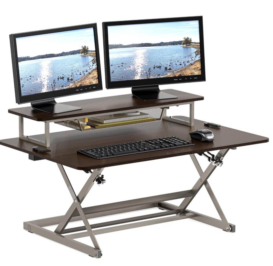 SHW 36-Inch Over Desk Height Adjustable Standing Desk with Monitor Riser, Espresso