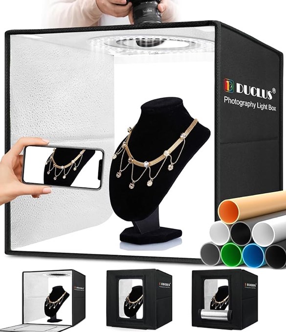 DUCLUS Light Box Photography, 16x16 inch Portable Photo Studio Box with 160 LED Dimmable Lights, 6 PVC & 2 Paper Backdrops for Product Photography.