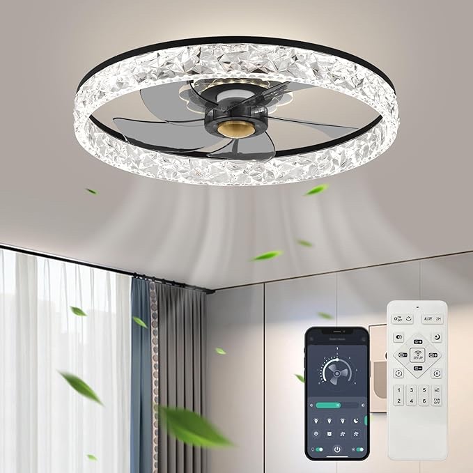 20'' Ceiling Fan with Light, 2024 Upgraded Low Profile Fan, Flush Mount Ceiling Fan, 6 Speeds, Dimmable LED, App & Remote Control, Quiet DC Motor, For Bedroom, Living Room, F098 Black